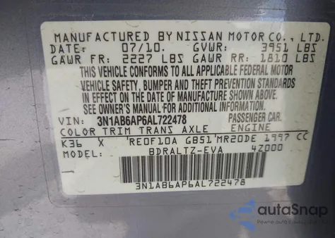 2010 Nissan Sentra 2.0S из США, поврежденный, VIN 3N1AB6AP6AL722478